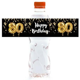24 Black and Gold 80th Birthday Party Water Bottle Labels, Birthday Party Water Bottle Sticker Labels,80th Birthday Party Supplies for 80th Wedding Anniversary Party Celebration Decor.