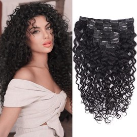Fulang Hair Kinky Curly Clip-In Real Hair Extensions, 45 cm, 8 Pieces, 120 g, Natural Black Hairpieces, Real Hair Extensions, Clip-In Hair Extensions for Women