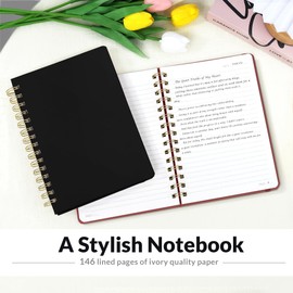 SUNEE Journaling Notebooks, A5 Lined Spiral Notebook for Women, 146 Pages College Ruled Hardcover Notebook for Work, Note Taking, Journaling and Office School Supplies, A5 -Black