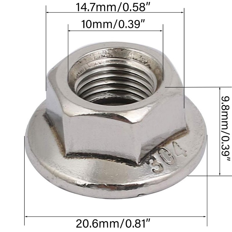 TOP-VIGOR 8Pcs M10 x 1.25mm Fine Thread Flange Nuts, 304