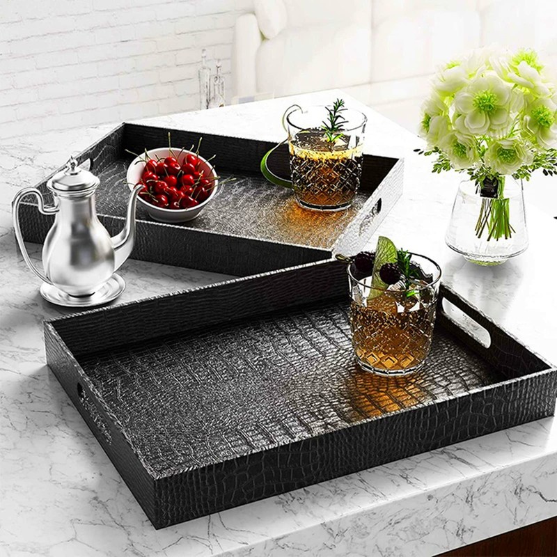 Lyellfe Black Serving Tray with Handles, Decorative Ottoman Tray in