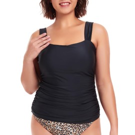RELLECIGA Women's Black Bandeau Ruched Tankini Top Swimsuits Size X-Large