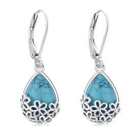 Turquoise Earrings 925 Sterling Silver Hypoallergenic Teardrop Dangle Drop Vintage Boho Flower Jewelry Gifts for Women Birthday Valentines Mothers Day, 0.53 inch, Sterling Silver, Turquoise