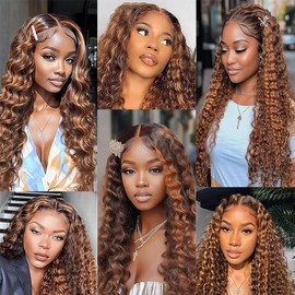 Niciitysi T1BP4/30 Human Hair Highlight Deep Wave Bundles 22 24 26 inch Double Weft Brazilian Hair Extensions Ombre Three Tone Color 4 Mixed With Color 30 Deep Curly Bundles for Women