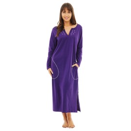 i-Smalls Ladies Long Sleeve Jersey Super Soft 100% Cotton Long Length Nightdress Nighties WIth Deep Pocket(L) Purple Long