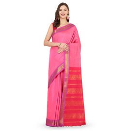 manvish drapes Gadwal Silk Cotton Saree with Buttas and Peacock Border Saree with Contrast Blouse Piece (Pink-Rani)