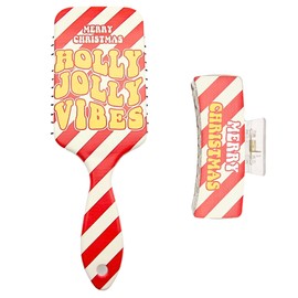 Onpalette Santa-Themed Christmas Hair Brush & Matching Hair Claw Clip Set - Pain-Free Detangling for Wet/Dry Use, Great Holiday Gift (Color F)