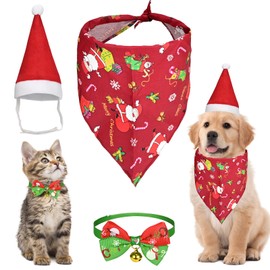 3 Piece Dog Santa Hat with Scarf, Christmas Pet Costume Set, Puppy Triangle Scarf Pet Bow Tie with Bell Dog Socks Cat Socks Set, Suitable for Cats, Dogs and Puppies, Small A
