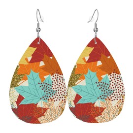Colorful Autumn Fall Maple Leaves Faux Leather Teardrop Earrings for Women Drop Dangle Earrings Gift
