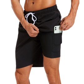 SILKWORLD Mens Swimming Trunks with Compression Liner Quick Dry Swimwear Beach Shorts with Zipper Pockets,Black,Large