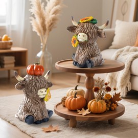 APUDWN 2 Pack Fall Highland Cow Statue 4.7 Inch Thanksgiving Cute Highland Cow Figurines Set with Pumpkin and Sunflower Calf Lovers Gifts Seasonal Autumn Rustic Decorations for Office, Shelf, Desk