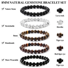 Finrezio 3-5Pcs Bracelets for Men Elastic 8mm Beaded Tigers Eye Bracelets Men Beaded Bracelet Stretch Lava Rock Bracelets Natural Stone Beaded Bracelet Set