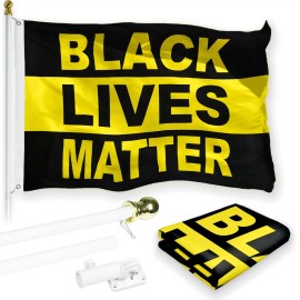 UD_G128 Combo Pack: 6 Feet Tangle Free Spinning Flagpole (White) Black Lives Matter (Black/Yellow) Flag 3x5 ft Printed 150D Bras