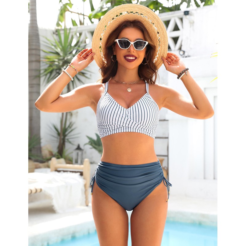 Blooming Jelly Womens High Waisted Bikini Sets Striped Tummy Control