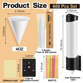 Roshtia 600 Pcs 4 oz Paper Snow Cone Cups with 600 Pcs Straw Spoon and Cups Dispenser Thicken Disposable Cone Cup Pull Type Wall Mount for Restaurants Home Office and Shaved Ice