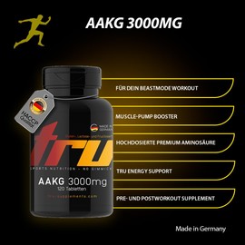 TRU Sports Nutrition | AAKG 3000mg - 120 Tabletten - L-Arginin-Alpha-Keto-Glutarat - Pre-Workout Supplement - Hochdosiert - 100% Vegan | Herstellung & Laborprüfung in Deutschland