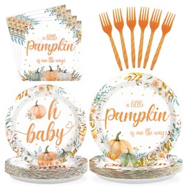 200Pcs Autumn Baby Shower Party Supplies A Little Pumpkin Is On The Way Plates and Napkins Tableware Orange Green On Baby Floral Decoration for Birthday Thanksgiving Newborn Pregnancy Serve 50