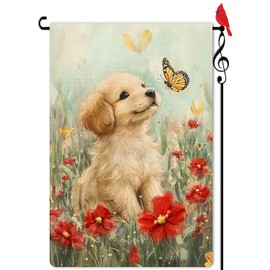 Lorugekyu Spring Cute Puppy Garden Flag Spring Summer Dog Floral Flower Small Flag for Outside Burlap Double Sided Farmland Welcome Yard Lawn Winter Decor 12.5x18"