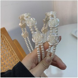 Double Pearl Rose Flower Headband White Pearl Headbands for Women Pearls Roses Flower Head Band Layer Pearl Hair (White, One size)