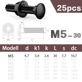 SWTYExt Pack of 25 Carriage Bolts M5 x 30 mm Carriage Bolts Stainless Steel 304 Flat Head Screws Black Oxide A2 with Flange Nuts M5 Nut DIN 6923 Gate Hinge Screws for Construction Industrial Machinery