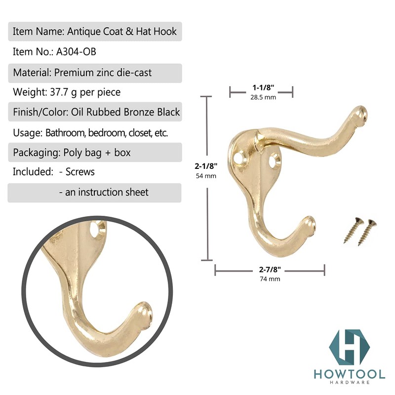 Coat Hat Hook Antique Design with Screws Brass Plated, 5