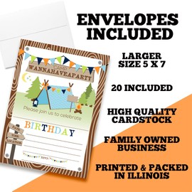 Camping Birthday Party Invitations for Boys, 20 5"x7" Fill in Cards with Twenty White Envelopes by AmandaCreation