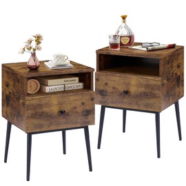 VECELO Nightstands Set of 2,Industrial 2-Tier Night Stand with Drawer, Wood Mid Century Bedside End Tables,Side Tables for Small Places Bedroom and Living Room,Antique Brown(2 Pack)