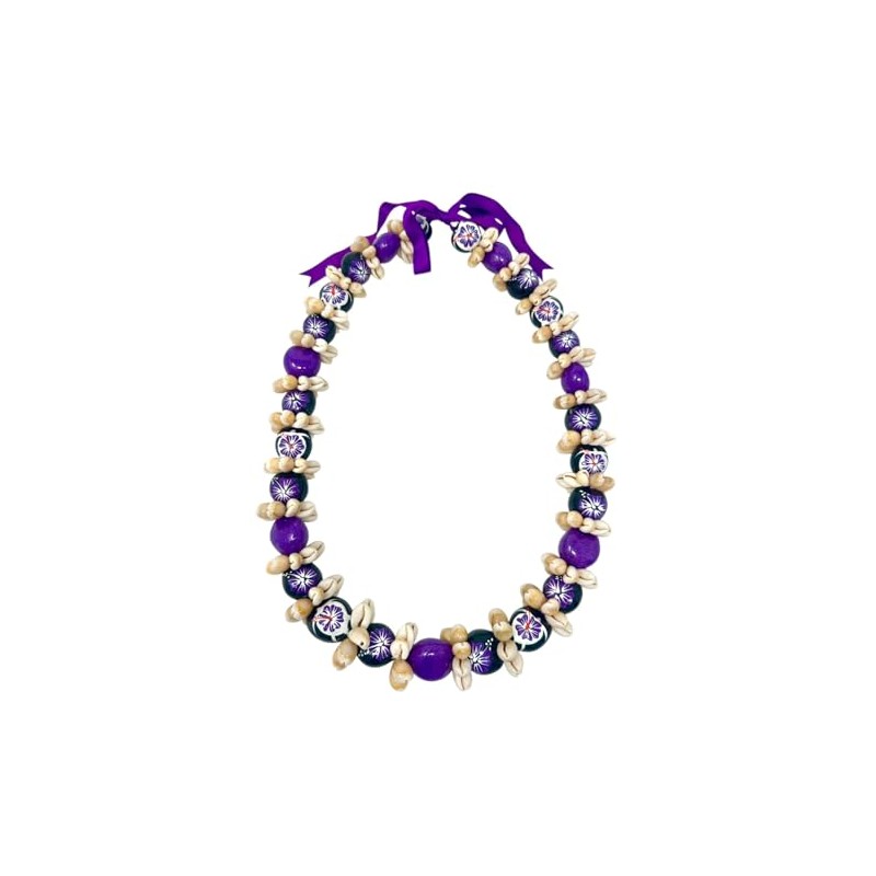 Utama Hawaiian Flower Kukui Nut Lei with Cowrie Shell (Purple)