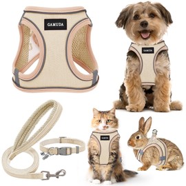 GAMUDA Small Pet Harness Collar and Leash Set, Step in No Chock No Pull Linen Fabric Soft Mesh Dog Vest Harnesses Reflective for Dogs Puppy Cats Kitten Rabbit (Khaki, XXS)