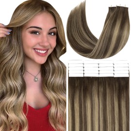 Anrosa Tape in Hair Extensions Human Hair Roots Color 5 Warm Brown Fading to 12 Dark Dirty Blonde Skin Weft Tape in Extensions Remy Hair 16 Inch Remy Tape in Hair 50 Gram 20 Pcs