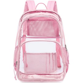 MIRLEWAIY Clear Backpack 18inch Book Bag Heavy Duty School Backpack See Through with Laptop Compartment for Stadium Job Security, Pink