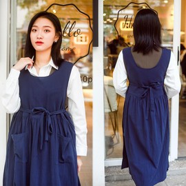 CHAILIQIANGG Women's Apron Large Size Large Size, Washed Cotton Linen Apron with 2 Pockets Solid Color Japanese Apron Kitchen Woman Vest Robe Working Apron Adjustable for, blue, 130 cm