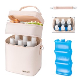 BABEYER Breastmilk Cooler Bag with Ice Pack Fits 6 Baby Bottles Up to 9 Ounce, Double Deck Leak-Proof Baby Bottles Bag with Shoulder Strap for Nursing & Working Mom, White