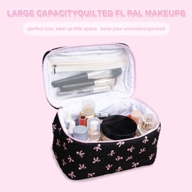HOKYNATI Cotton Quilted Makeup Bag Coquette Accessories Make up Bag Organizer Cute Bow Floral Cosmetic Pouch Travel Makeup Bag Mystery black Pure white (White black bow-02)