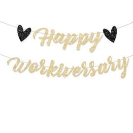 FHGG Pre-Strung Happy Work Anniversary Decorations Banner Gold Glitter Workiversary Sign for Work Party Office Party Theme NO DIY