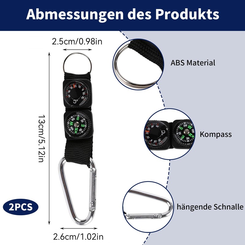 IUSOT Pack of 2 compass key rings with thermometer, multifunctional