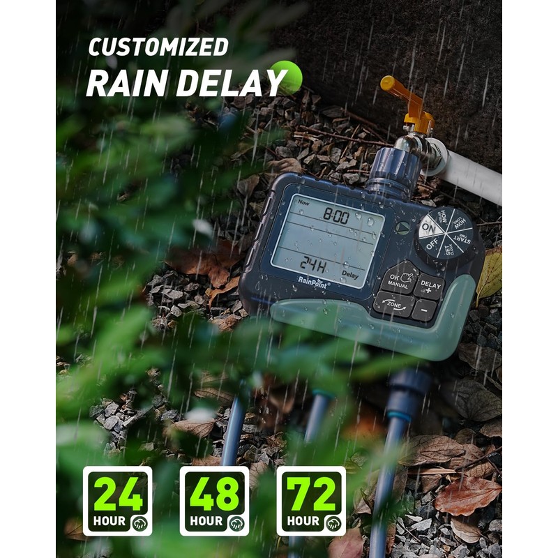 RAINPOINT Irrigation Computer, 3 Outputs, Large LCD Display, Garden Watering