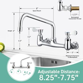 BZIMAK Wall Mount Commercial Sink Faucet with 8" Swivel Spout, 8" Center Wall Mount Kitchen Faucet, Dual Handles Brass Utility Sink Faucet for Laundry Room Restaurant