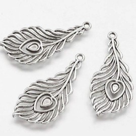 Acxico 20Pcs Peacock Feather Charms Pendants Bright Tibetan Silver 40mm Ancient Silver and Ancient Bronze Each 10