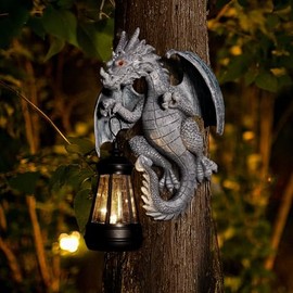 GOODME Dragon Tree Hugger with Solar Lantern - 10.4 Inch Resin Dragon Statue for Outdoor Garden Decor - Ideal Dragon Housewarming Gifts & Birthday Gifts for Grandma Mom Women