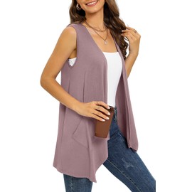 Wiwclo Trendy Sleeveless Cardigans for Women Lightweight Vest with Pockets Casual Soft Knit Open Front Cardigan High Low Hem, a05-mauve-sleeveless, M