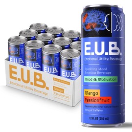 E.U.B. Mango Passionfruit Sparkling Functional Beverage, 12oz Can, 50mg Caffeine, 25 Calories, with Nootropics & Adaptogens for Mood & Energy Support