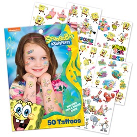 Savvi - 50 SpongeBob Temporary Tattoos: Skin-Safe Ink, Great for Birthday Parties, Gifts for Boys and Girls Ages 4-12+, Made in the USA [6 sheets, 50 count]