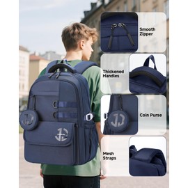 Tanou School Backpack Boys Backpack Teenagers 32L Large School Bag for Boys 12-18 Years, Nylon School Bags Boys Durable Backpacks with Laptop Compartment, navy