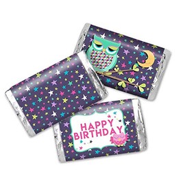 Night Owl Slumber Party Sleepover Themed Birthday Party Mini Chocolate Candy Bar Sticker Wrappers for Kids, 45 1.4" x 2.6" Wrap Around Labels by AmandaCreation, Great for Party Favors