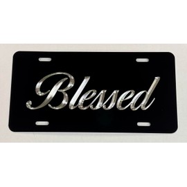 Blessed Logo Car Tag Diamond Etched on Black Aluminum License Plate