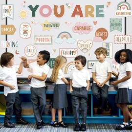 Weekgrat 45pcs Boho Affirmation Station Bulletin Board Set Motivational Posters Classroom Mirror Growth Mindset Decor Positive Affirmations Accents Cutouts for School Office Home Teacher Wall Supply