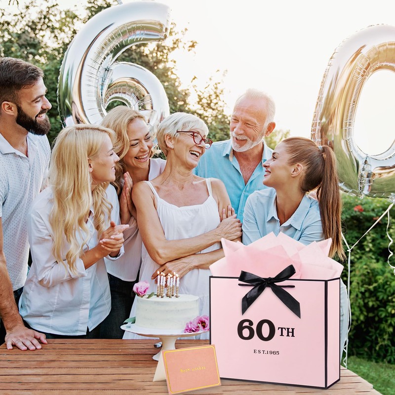 60th Birthday Gift Bag Pink with Tissue Paper
