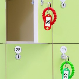 48 Pack Colorful Wristband Keychains & Key Tags Set Plastic Coil Stretch Elastic Spring Spiral Key Ring Wrist Bracelet Keychain with Label Hair Tie for Gym Pool ID Badge Sauna Outdoor Activities