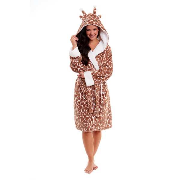 Habigail Ladies Luxury Plush Shimmer Fleece Dressing Gown Bathrobe - (Giraffe, M)
